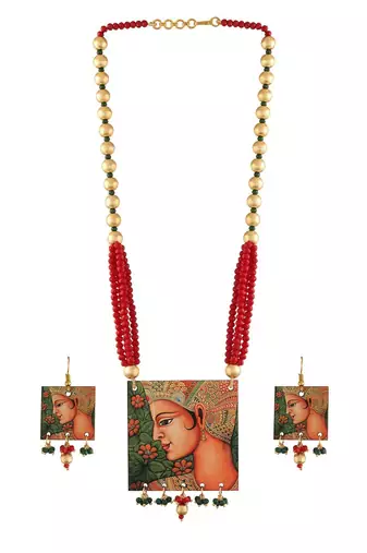 Stylish Navratri Portrait Handpainted Wooden Pearl Necklace Jewellery With Earrings Set For Women & Girls