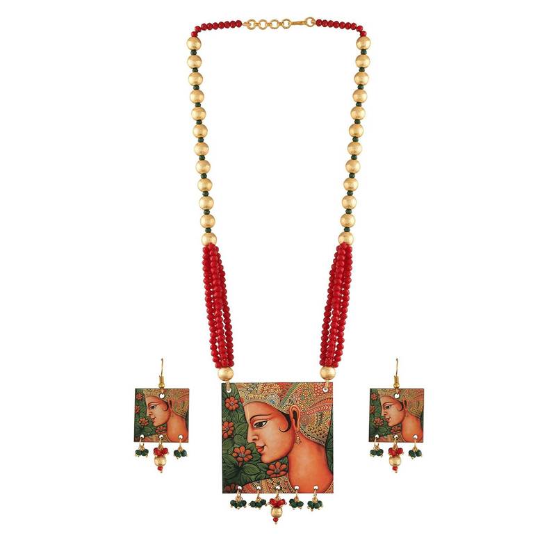 Stylish Navratri Portrait Handpainted Wooden Pearl Necklace Jewellery With Earrings Set For Women & Girls