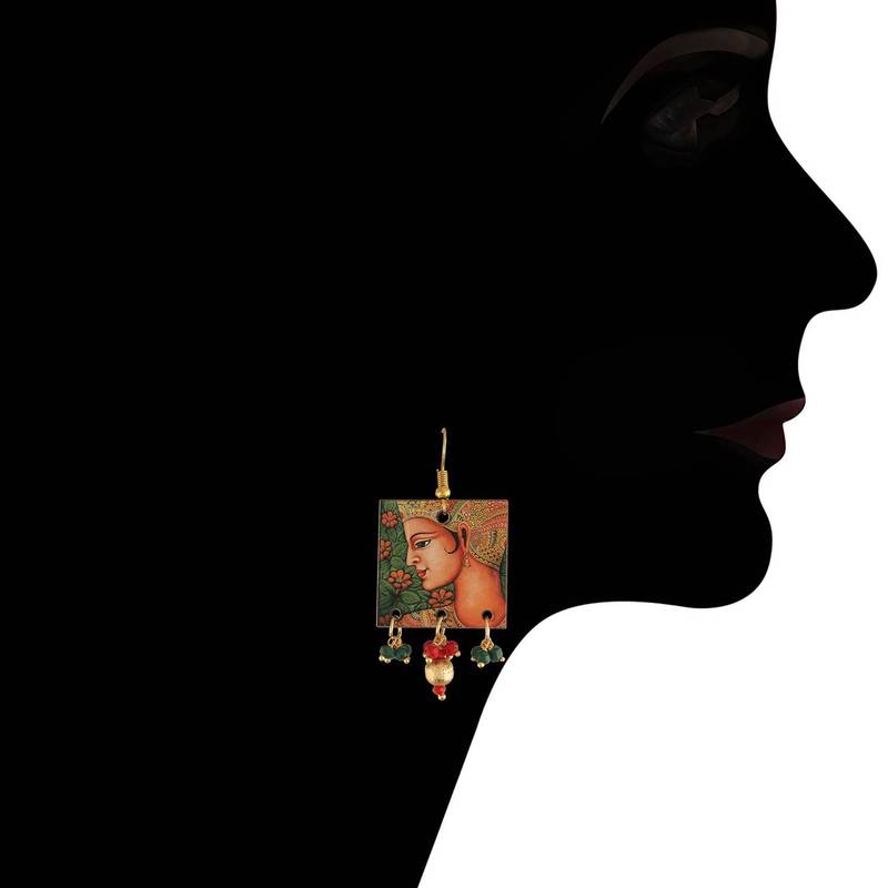 Stylish Navratri Portrait Handpainted Wooden Pearl Necklace Jewellery With Earrings Set For Women & Girls