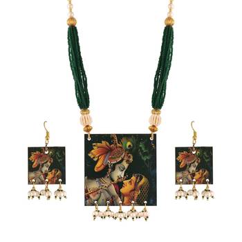 Stylish Navratri Portrait Handpainted Wooden Pearl Necklace Jewellery With Earrings Set For Women & Girls 1