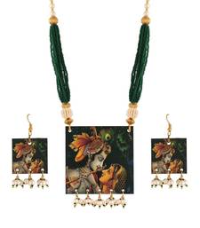 Stylish Navratri Portrait Handpainted Wooden Pearl Necklace Jewellery With Earrings Set For Women & Girls