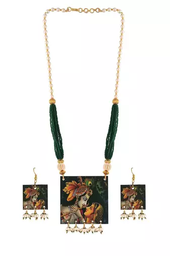 Stylish Navratri Portrait Handpainted Wooden Pearl Necklace Jewellery With Earrings Set For Women & Girls