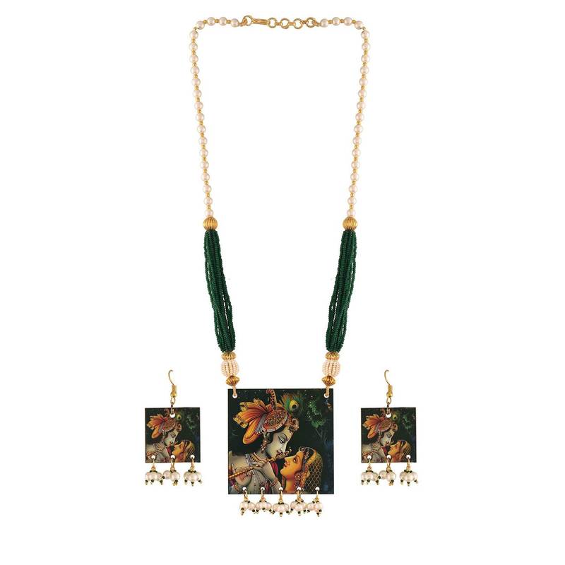 Stylish Navratri Portrait Handpainted Wooden Pearl Necklace Jewellery With Earrings Set For Women & Girls