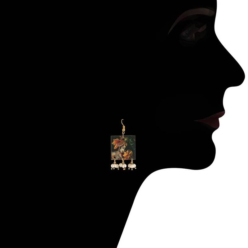 Stylish Navratri Portrait Handpainted Wooden Pearl Necklace Jewellery With Earrings Set For Women & Girls