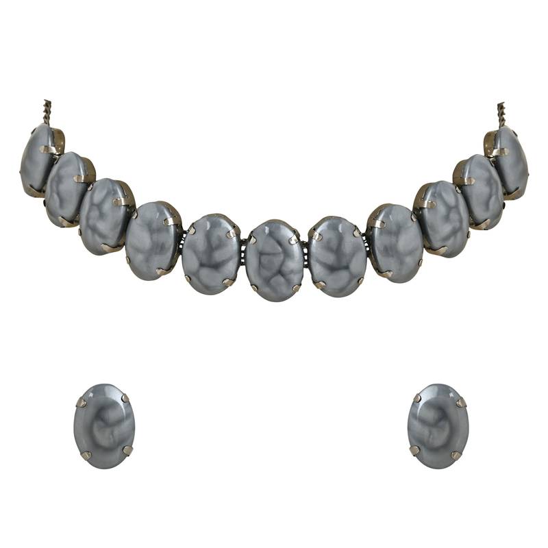 Glamorous Fashionable Eye-Catching Grey Beaded Choker and Earrings Set