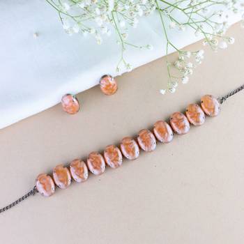 Glamorous Fashionable Eye-Catching Peach Beaded Choker and Earrings Set 1