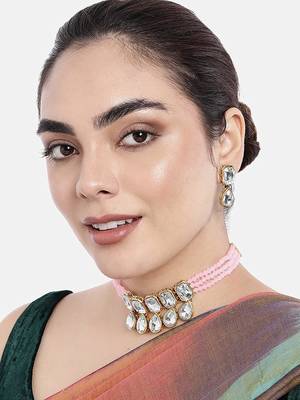 Crystal Pearl Traditional Choker Necklace with Earrings Jewellery Set for Women Girls 2