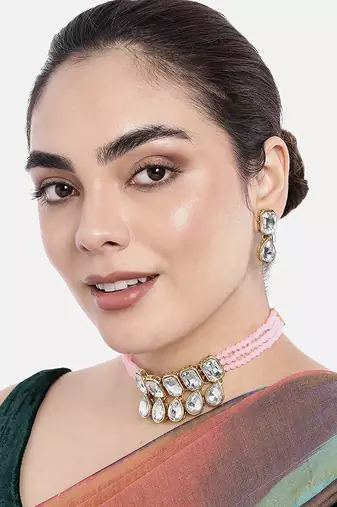 Crystal Pearl Traditional Choker Necklace with Earrings Jewellery Set for Women Girls