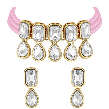 Crystal Pearl Traditional Choker Necklace with Earrings Jewellery Set for Women Girls 3