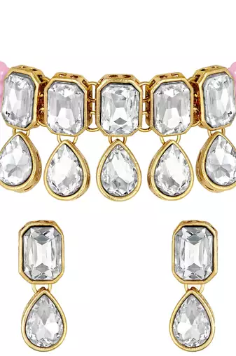 Crystal Pearl Traditional Choker Necklace with Earrings Jewellery Set for Women Girls