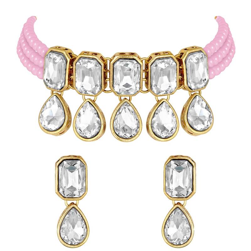 Crystal Pearl Traditional Choker Necklace with Earrings Jewellery Set for Women Girls