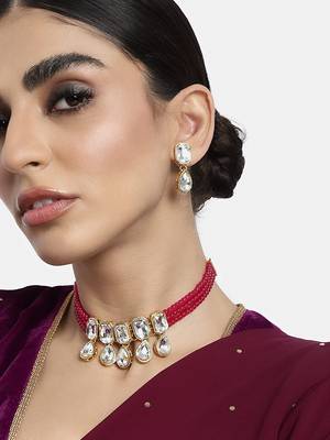 Crystal Pearl Traditional Choker Necklace with Earrings Jewellery Set for Women Girls  2