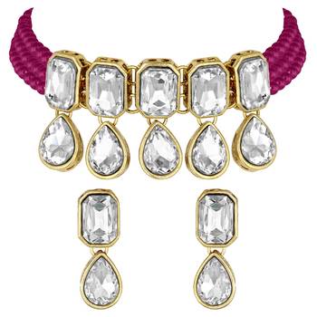 Crystal Pearl Traditional Choker Necklace with Earrings Jewellery Set for Women Girls  3