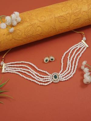 Traditional Handcrafted Stone Studded Pearl Choker Necklace Jewellery Set With Earrings For Women And Girls 1