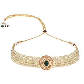 Traditional Handcrafted Stone Studded Pearl Choker Necklace Jewellery Set With Earrings For Women And Girls 2
