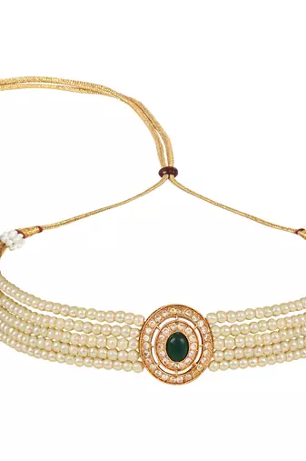 Traditional Handcrafted Stone Studded Pearl Choker Necklace Jewellery Set With Earrings For Women And Girls
