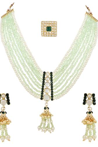 Kundan & Mint Beads Multistrand Necklace With Earrings, Maang Tikka & Finger Ring Set For Women/Girls