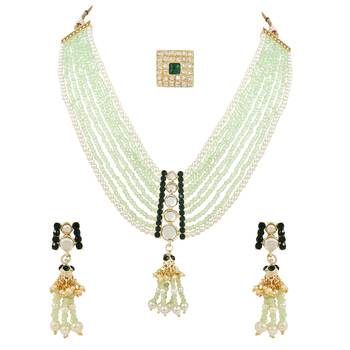 Kundan & Mint Beads Multistrand Necklace With Earrings, Maang Tikka & Finger Ring Set For Women/Girls 1