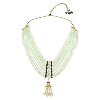 Kundan & Mint Beads Multistrand Necklace With Earrings, Maang Tikka & Finger Ring Set For Women/Girls 2