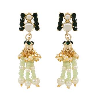Kundan & Mint Beads Multistrand Necklace With Earrings, Maang Tikka & Finger Ring Set For Women/Girls 4