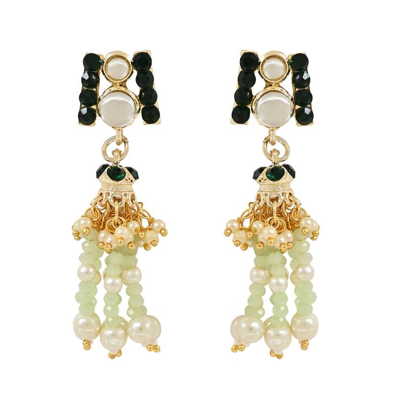 Kundan & Mint Beads Multistrand Necklace With Earrings, Maang Tikka & Finger Ring Set For Women/Girls