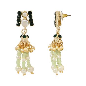 Kundan & Mint Beads Multistrand Necklace With Earrings, Maang Tikka & Finger Ring Set For Women/Girls 5