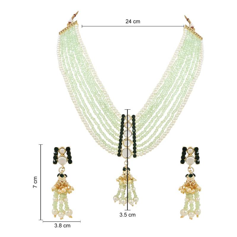 Kundan & Stones Studded Mint Onyx Beads Multi strands Necklace With Earrings, Maang Tikka Set For Women And Girls