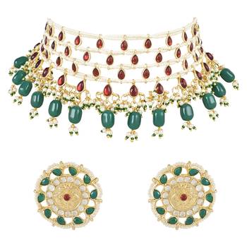 Kundan & Stone Handcrafted Pearl Choker Necklace Jewellery With Stud Earrings Set 1