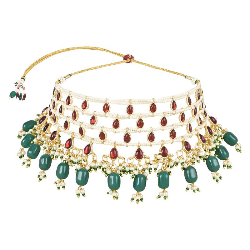 Kundan & Stone Handcrafted Pearl Choker Necklace Jewellery With Stud Earrings Set