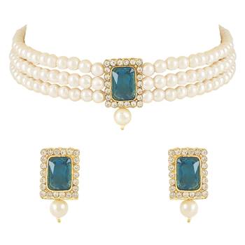 Stone Pearl Choker Necklace Jewellery Set For Women/Girls 2