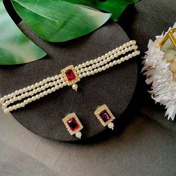Stone Pearl Choker Necklace Jewellery Set 1