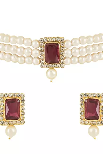 Stone Pearl Choker Necklace Jewellery Set