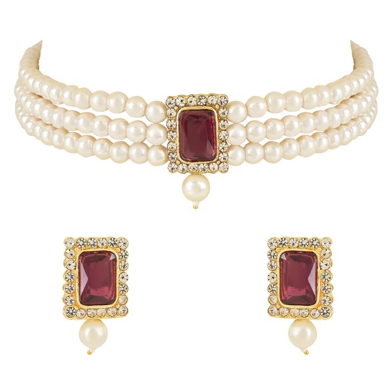 Stone Pearl Choker Necklace Jewellery Set