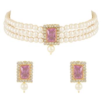 Stone Pearl Choker Necklace Jewellery Set For Women/Girls 5
