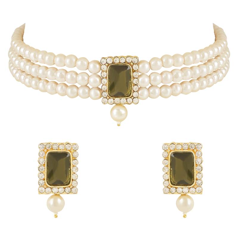 Stone Pearl Choker Necklace Jewellery Set