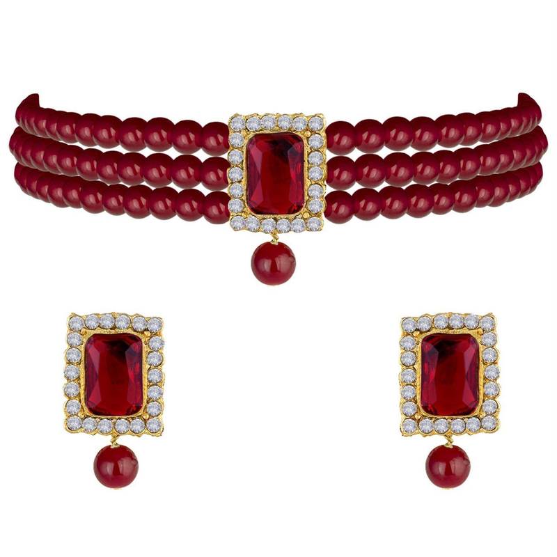 Stone Pearl Choker Necklace Jewellery Set For Women/Girls