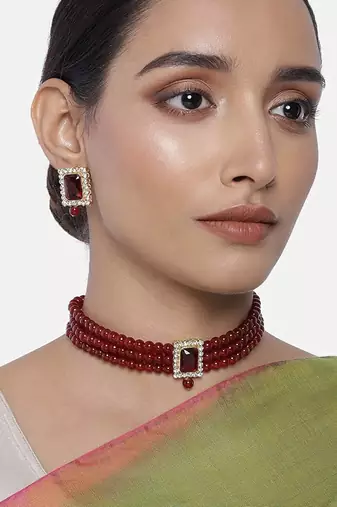 Stone Pearl Choker Necklace Jewellery Set For Women/Girls
