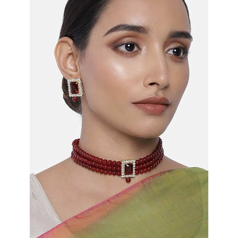 Stone Pearl Choker Necklace Jewellery Set For Women/Girls