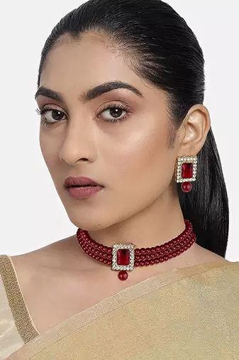 Stone Pearl Choker Necklace Jewellery Set For Women/Girls