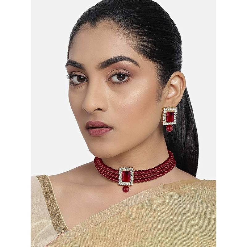 Stone Pearl Choker Necklace Jewellery Set For Women/Girls