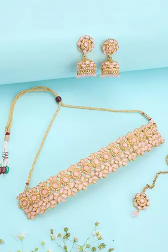 Round Traditional Choker with Pink Beads and Stone for Women and Girls
