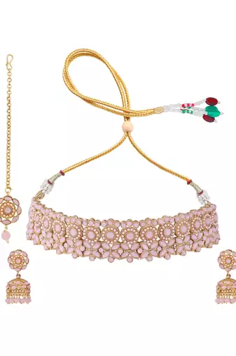 Round Traditional Choker with Pink Beads and Stone for Women and Girls