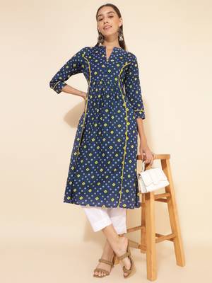 Janasya women's blue cotton bandhani printed a-line kurta 1