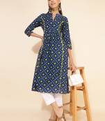 Janasya women's blue cotton bandhani printed a-line kurta