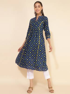 Janasya women's blue cotton bandhani printed a-line kurta 2