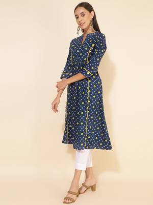 Janasya women's blue cotton bandhani printed a-line kurta 3