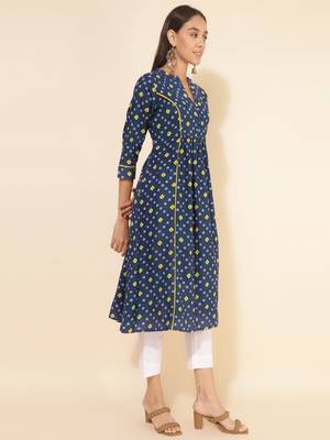 Janasya women's blue cotton bandhani printed a-line kurta 4