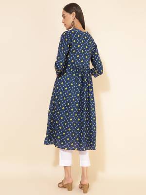 Janasya women's blue cotton bandhani printed a-line kurta 5