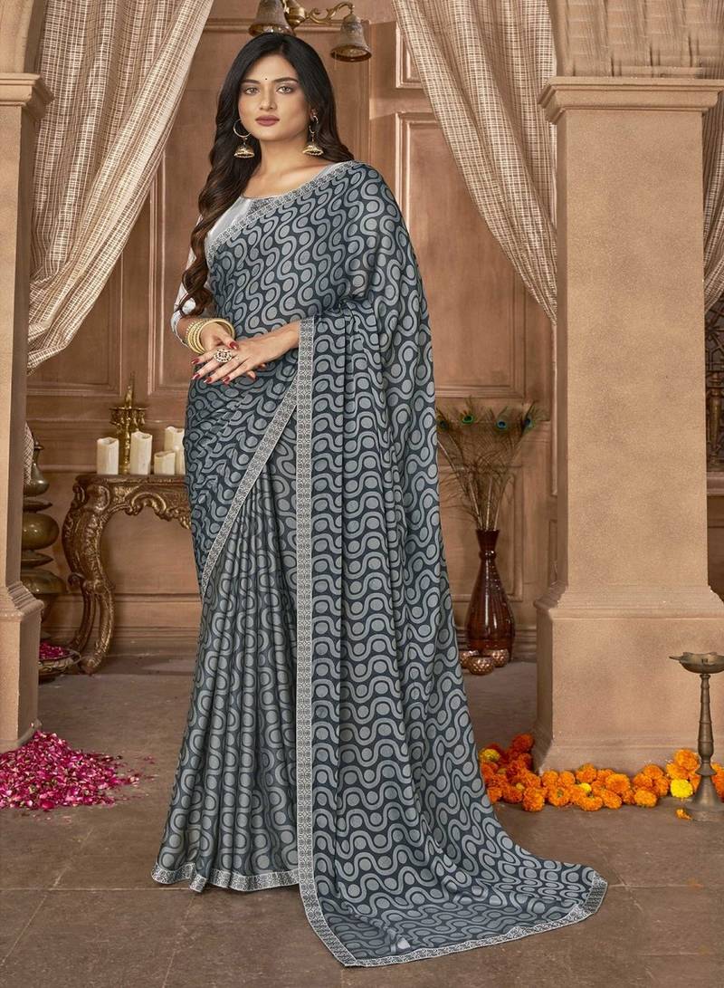 Roop Kashish Grey Color Digital Print Gerogette Saree And Blouse Piece