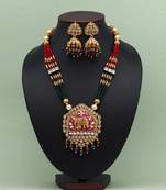 Maroon & green color meena work matte gold temple necklace set